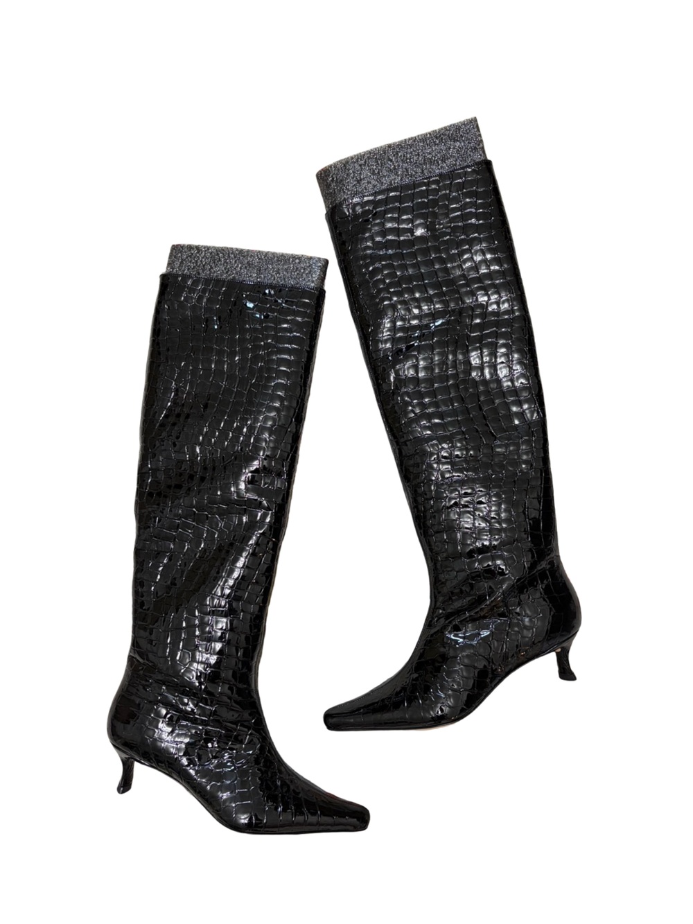 NEW By Far Stevie Black Croc Embossed Knee High Kitten Heel Boots - Size EU 39